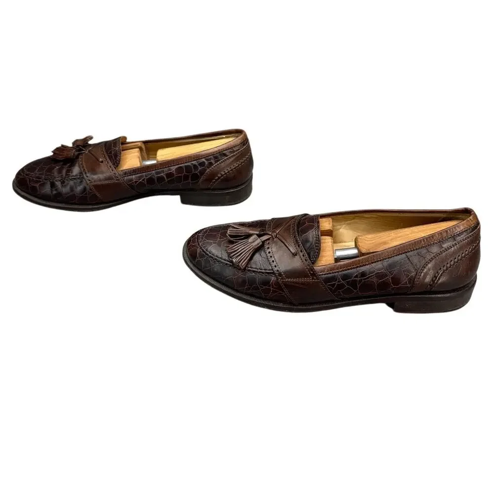 Johnston & Murphy Vintage Cellini Brown Italy Leather Croc Tassel Loafer Men 8.5